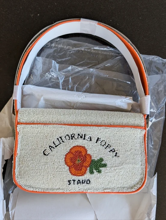 NWT STAUD TOMMY Glass Beaded Vegan Shoulder Bag - CALIFORNIA POPPY; $295 - Picture 7 of 16